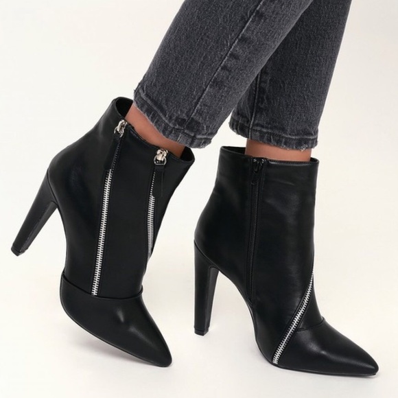 Faux Leather Black Double Zipper Ankle Booties - Picture 3 of 8